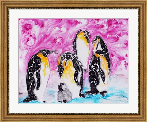 Framed Penguins Under Magenta Sky Print