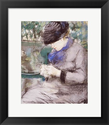 Framed Girl Sitting in the Garden Knitting, 1879 Print