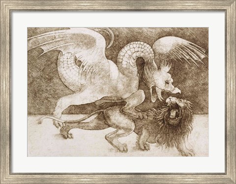 Framed Fight between a Dragon and a Lion Print