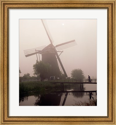 Framed Windmill and Cyclist, Zaanse Schans, Netherlands black and white Print