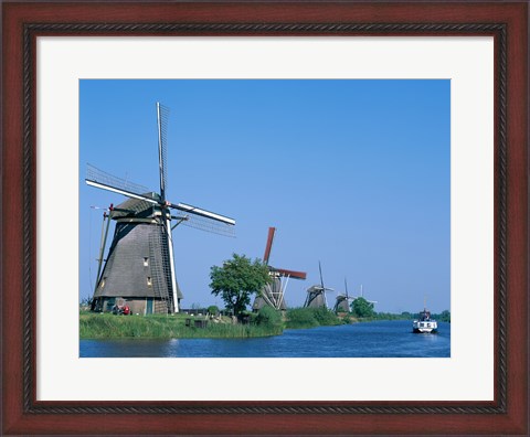 Framed Windmills and Canal Tour Boat, Kinderdijk, Netherlands Print
