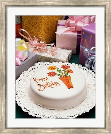 Framed High angle view of a birthday cake with gifts Print