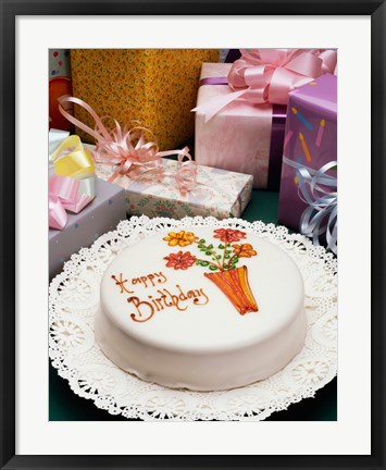 Framed High angle view of a birthday cake with gifts Print