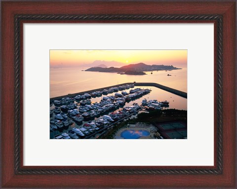 Framed Sunrise over Peng Chau Island with Discovery Bay Marina in foreground, Hong Kong, China Print