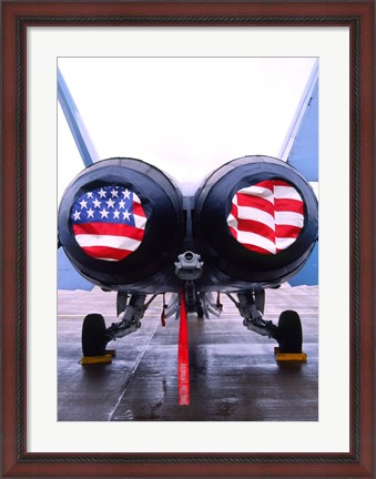 Framed FA-18 Hornet engines covered with American flag, USA Print