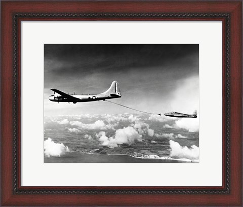 Framed Side profile of a military tanker airplane refueling in flight, B-29 Superfortress, F-84 Thunderjet Print