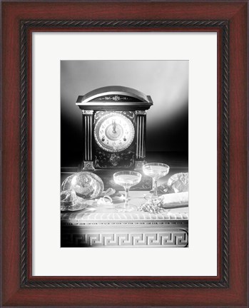 Framed Clock showing 12 o&#39;clock with champagne flutes and party hats in the foreground Print