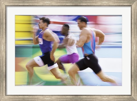 Framed Side profile of three men running on a track Print