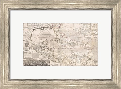 Framed 1732 Herman Moll Map of the West Indies, Florida, Mexico, and the Caribbean Print