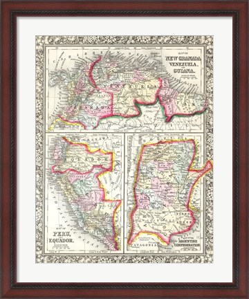 Framed 1860 Mitchell&#39;s Map of Peru, Ecuador, Venezuela, Columbia and Argentina Print