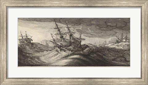 Framed Wenceslas Hollar - Warships and a Spouting Whale Print