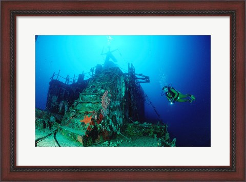 Framed Scuba diver watching a shipwreck underwater Print