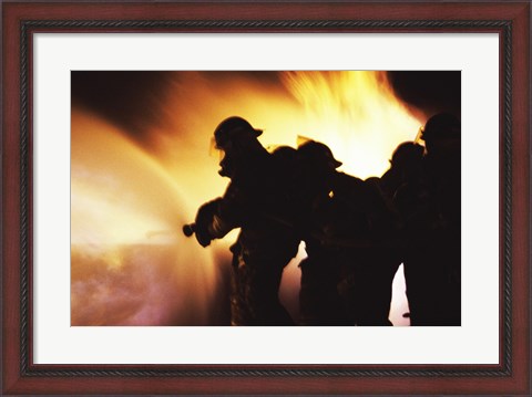 Framed Firefighters Extinguishing A Fire With Water Print