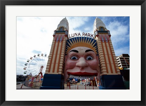 Framed Low angle view of the entrance to an amusement park, Luna Park, Sydney, New South Wales, Australia Print