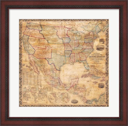 Framed 1856 Mitchell Wall Map of the United States and North America Print