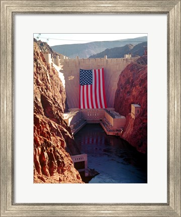 Framed Hoover Dam with large  American flag Print