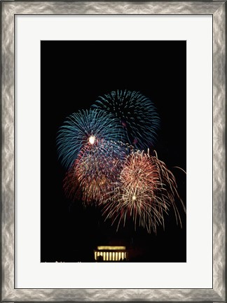 Framed Fireworks display at night with a memorial in the background, Lincoln Memorial, Washington DC, USA Print