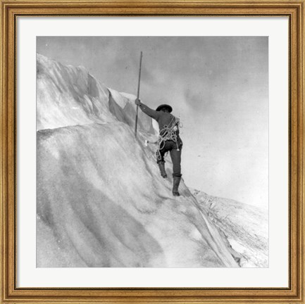 Framed Washington - Mount Rainier Guide cutting steps on ice slope near summit Print