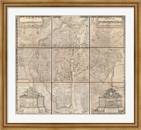 Framed 1652 Gomboust 9 Panel Map of Paris, France Print