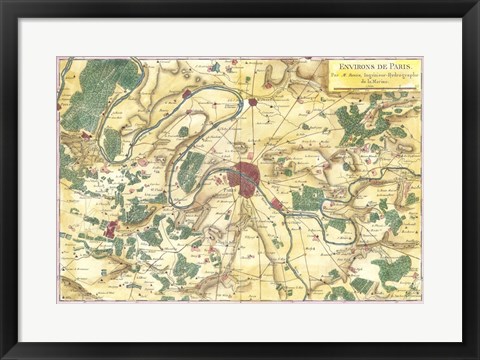 Framed 1780 Bonne Map of the Environs of Paris, France Print