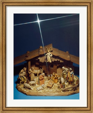 Framed Close-up of figurines depicting a nativity scene Print