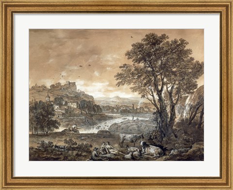 Framed Landscape with Shepherds Resting Under a Tree by a Cascade Print