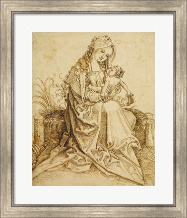 Framed Virgin and Child on a Grassy Bench Print