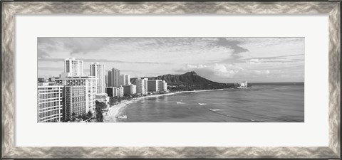 Framed Diamond Head, Waikiki, Oahu, Honolulu, Hawaii (black &amp; white) Print