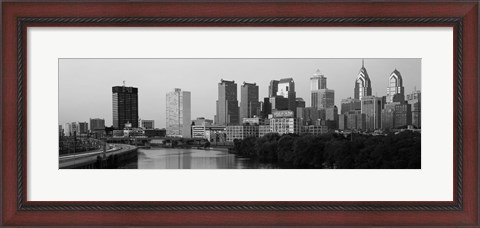 Framed River passing through a city in black and white, Philadelphia, Pennsylvania Print