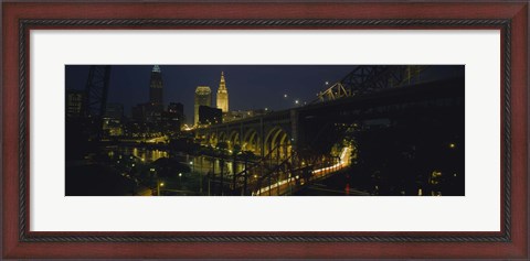 Framed Arch bridge and buildings lit up at night, Cleveland, Ohio, USA Print