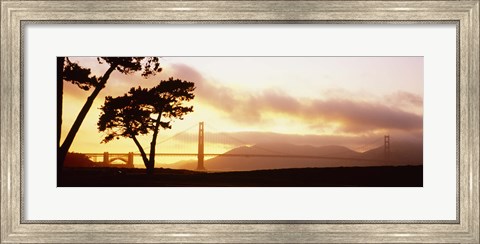 Framed Silhouette of trees at sunset, Golden Gate Bridge, San Francisco, California, USA Print