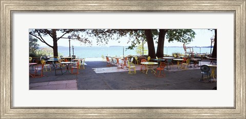 Framed Empty chairs with tables in a campus, University of Wisconsin, Madison, Dane County, Wisconsin, USA Print