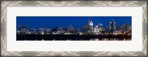 Framed Cincinnati skyline and John A. Roebling Suspension Bridge at twilight from across the Ohio River, Hamilton County, Ohio, USA Print