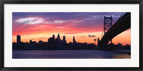 Framed Silhouette of a suspension bridge across a river, Ben Franklin Bridge, Delaware River, Philadelphia, Pennsylvania, USA Print