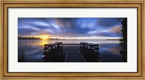 Framed Panoramic view of a pier at dusk, Vuoksi River, Imatra, Finland Print