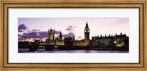 Framed Buildings lit up at dusk, Big Ben, Houses of Parliament, Thames River, City Of Westminster, London, England Print