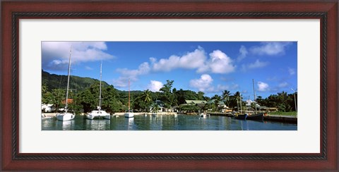 Framed Yachts and small fishing boats at the harbor on La Digue Island, Seychelles Print