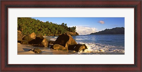 Framed Waves splashing onto rocks on North Island with Silhouette Island in the background, Seychelles Print