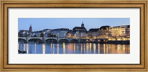 Framed Bridge across a river with a cathedral, Mittlere Rheinbrucke, St. Martin&#39;s Church, River Rhine, Basel, Switzerland Print