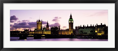 Framed Buildings lit up at dusk, Big Ben, Houses of Parliament, Thames River, City Of Westminster, London, England Print