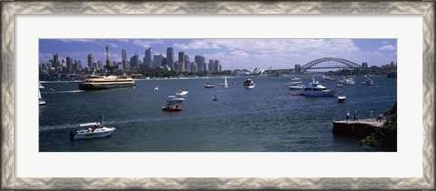 Framed Boats in the sea with a bridge in the background, Sydney Harbor Bridge, Sydney Harbor, Sydney, New South Wales, Australia Print