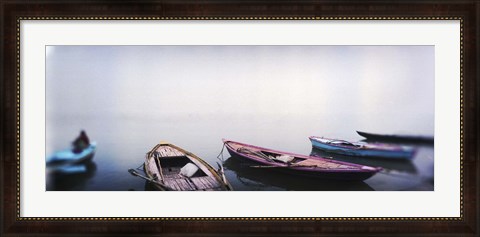 Framed Row boats in a river, Ganges River, Varanasi, Uttar Pradesh, India Print