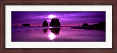 Framed Silhouette of sea stacks at sunset, Second Beach, Washington State Print