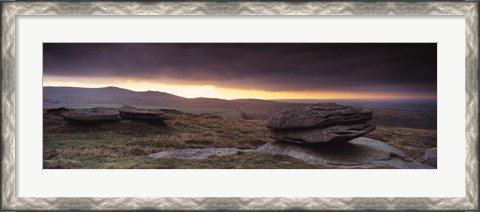 Framed Bright horizon with dark clouds from Higher Tor, Dartmoor, Devon, England Print