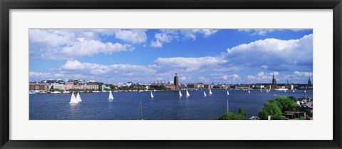 Framed Sailboats in a lake with the city hall in the background, Riddarfjarden, Stockholm City Hall, Stockholm, Sweden Print