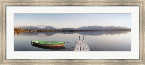 Framed Rowboat moored at a jetty on Lake Hopfensee, Ostallgau, Bavaria, Germany Print