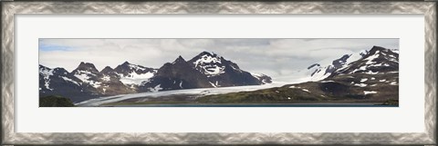Framed Bay in front of snow covered mountains, Grace Glacier, Salisbury Plain, Bay of Isles, South Georgia Island Print