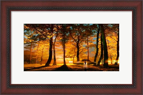 Framed Alien and UFO in the forest Print