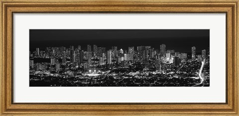 Framed High angle view of a city lit up at night, Honolulu, Oahu, Honolulu County, Hawaii (black and white) Print