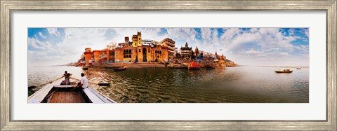 Framed Buildings at riverbank viewed from a boat, Ganges River, Varanasi, Uttar Pradesh, India Print